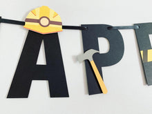 Load image into Gallery viewer, construction happy birthday banner featuring dump trucks and bull dozers
