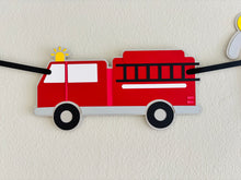 Load image into Gallery viewer, firetruck garland banner with a firetruck, fire hydrant, flame, fire extinguisher and dalmatian
