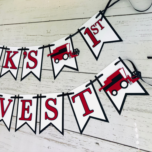 red combine harvester first harvest birthday banner