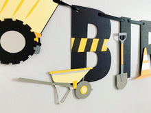 Load image into Gallery viewer, construction happy birthday banner featuring dump trucks and bull dozers
