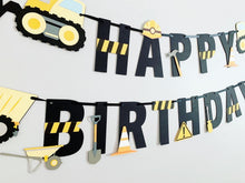 Load image into Gallery viewer, construction happy birthday banner featuring dump trucks and bull dozers
