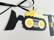 Load image into Gallery viewer, construction happy birthday banner featuring dump trucks and bull dozers
