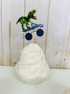 Monster jam inspired monster trucks with a T-Rex dinosaur cupcake toppers. Each monster truck features a T-Rex standing on the back of the truck. The monster truck dinosaur cupcake toppers are professionally printed, cut and attached to four inch bamboo skewers. The monster truck dinosaur cupcake toppers are handcrafted in the USA. The truck options are Grave Digger, Megaladon, El Toro Loco, Tornado and Dragon. 