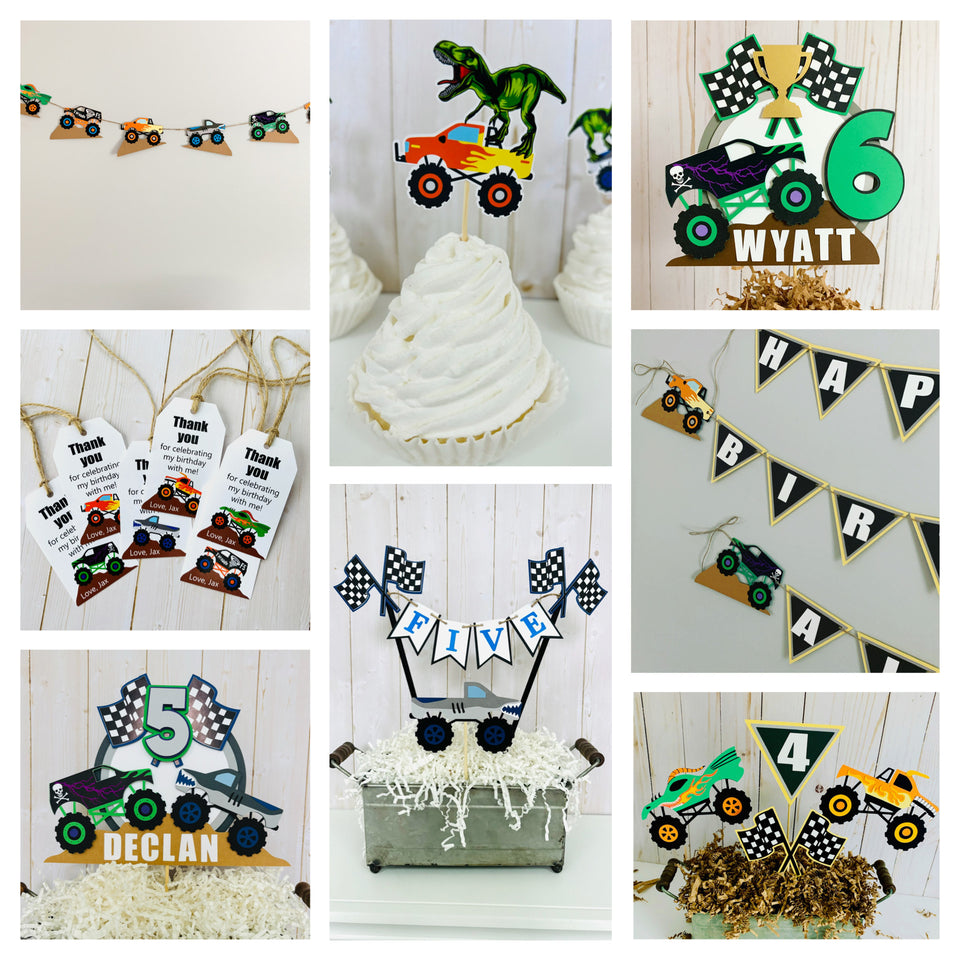 Monster Jam inspired monster truck decorations. Birthday banner, cake toppers, cupcake toppers, centerpiece table decor, party favor thank you tags, bedroom monster truck decorations, we've got you covered on your monster truck decor needs! The following trucks are available to use on the decor; Grave Digger, El Toro Loco, Megladon, Dragon and Tornado. Each item is fully customizable. 