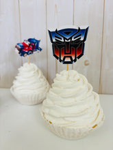 Load image into Gallery viewer, Transformers cupcake toppers featuring Optimus Prime, Bumble Bee, Autobots symbol, Bumble Bee Car and Optimus Prime Semi Truck
