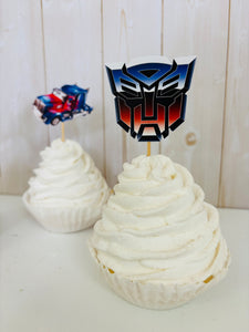 Transformers cupcake toppers featuring Optimus Prime, Bumble Bee, Autobots symbol, Bumble Bee Car and Optimus Prime Semi Truck