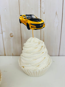 Transformers cupcake toppers featuring Optimus Prime, Bumble Bee, Autobots symbol, Bumble Bee Car and Optimus Prime Semi Truck