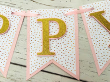 Load image into Gallery viewer, pink and gold hearts happy birthday banner with gold glitter letters

