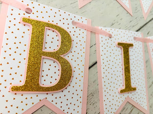 pink and gold hearts happy birthday banner with gold glitter letters