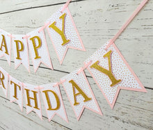 Load image into Gallery viewer, pink and gold hearts happy birthday banner with gold glitter letters
