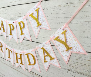 pink and gold hearts happy birthday banner with gold glitter letters