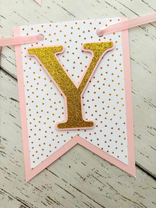 pink and gold hearts happy birthday banner with gold glitter letters