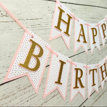 Load image into Gallery viewer, pink and gold hearts happy birthday banner with gold glitter letters
