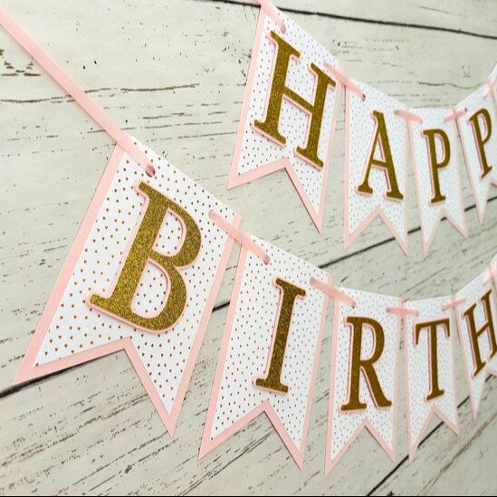 pink and gold hearts happy birthday banner with gold glitter letters