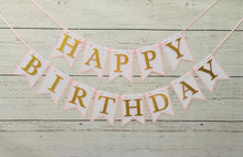 Load image into Gallery viewer, pink and gold hearts happy birthday banner with gold glitter letters
