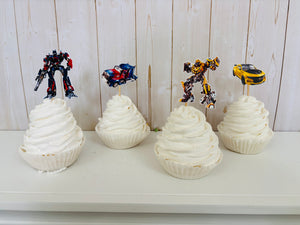 Transformers cupcake toppers featuring Optimus Prime, Bumble Bee, Autobots symbol, Bumble Bee Car and Optimus Prime Semi Truck