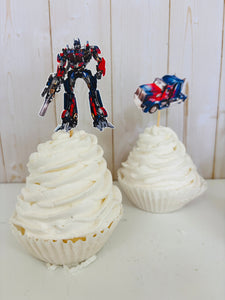 Transformers cupcake toppers featuring Optimus Prime, Bumble Bee, Autobots symbol, Bumble Bee Car and Optimus Prime Semi Truck