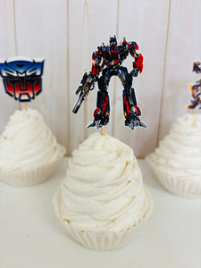 Transformers cupcake toppers featuring Optimus Prime, Bumble Bee, Autobots symbol, Bumble Bee Car and Optimus Prime Semi Truck