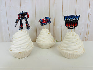 Transformers cupcake toppers featuring Optimus Prime, Bumble Bee, Autobots symbol, Bumble Bee Car and Optimus Prime Semi Truck