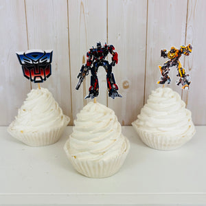 Transformers cupcake toppers featuring Optimus Prime, Bumble Bee, Autobots symbol, Bumble Bee Car and Optimus Prime Semi Truck