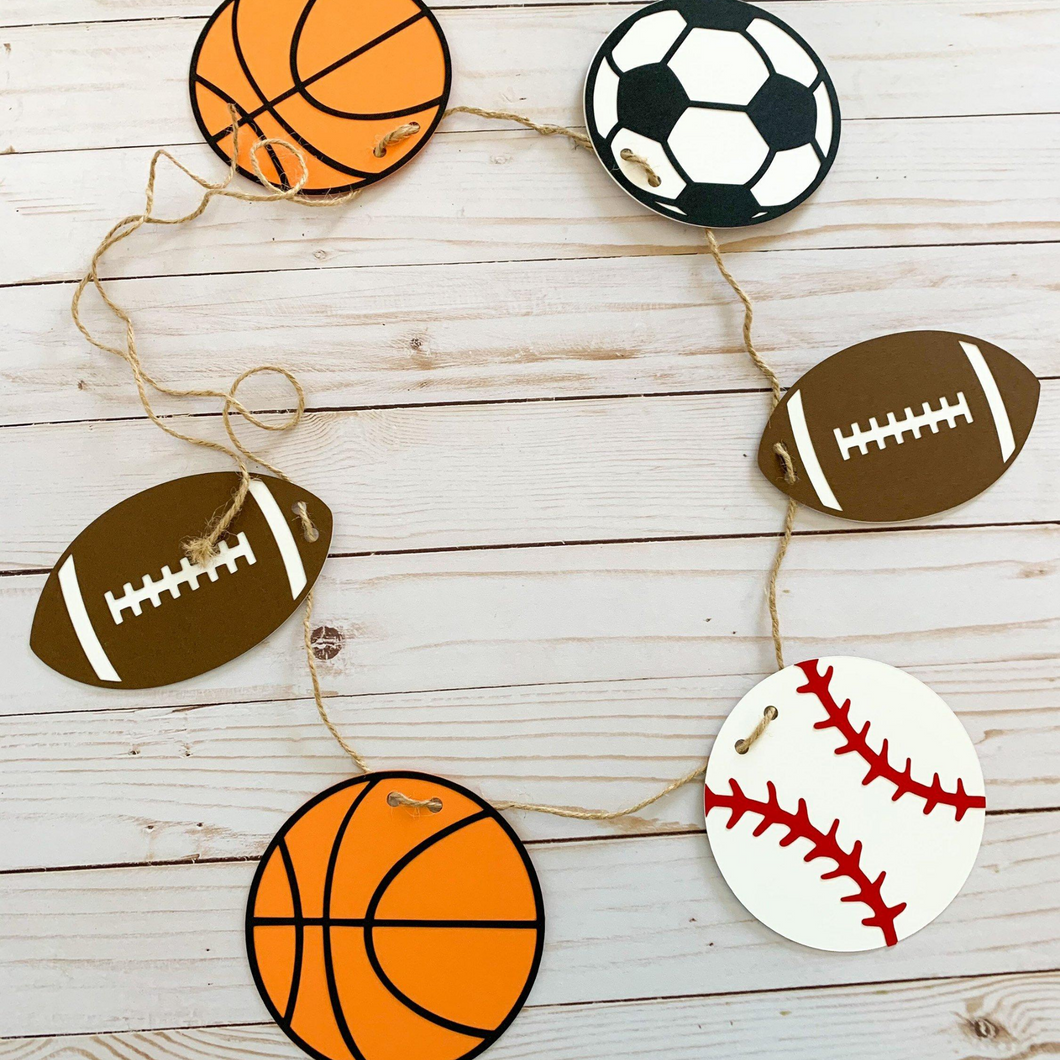 all star sports garland banner with soccer balls, basketballs, footballs and baseballs