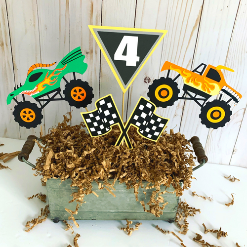 Monster Jam inspired monster truck birthday party decorations featuring Megladon, El Toro Loco, Grave Digger, Dragon and Tornado monster trucks. 