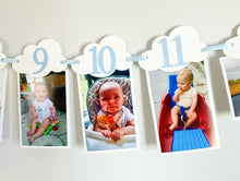 Load image into Gallery viewer, Airplane time flies birthday decorations. Vintage biplane first birthday monthly milestones photo banner featuring white clouds, number NB - 12. 
