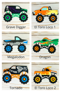 Monster Jam inspired monster truck happy birthday banner. The banner features monster jam logo inspired triangle pennants, a checkered flag, Grave Digger, Megladon, Tornado, El Toro Loco and Dragon monster trucks. 