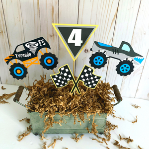 Monster Jam inspired monster truck birthday party decorations featuring Megladon, El Toro Loco, Grave Digger, Dragon and Tornado monster trucks. 
