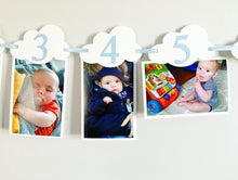Load image into Gallery viewer, Airplane time flies birthday decorations. Vintage biplane first birthday monthly milestones photo banner featuring white clouds, number NB - 12. 
