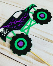 Load image into Gallery viewer, Monster Jam inspired monster truck cutouts handcrafted by Declan &amp; Smith Party Decor. The trucks are cut from cardstock and assembled by hand. The truck cutouts are avaiable with or without the skewer and can be used in a variety of ways for your monster jam monster truck party. 
