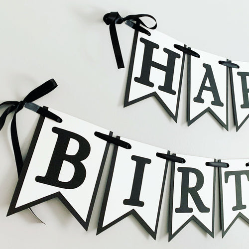 black and white birthday banner