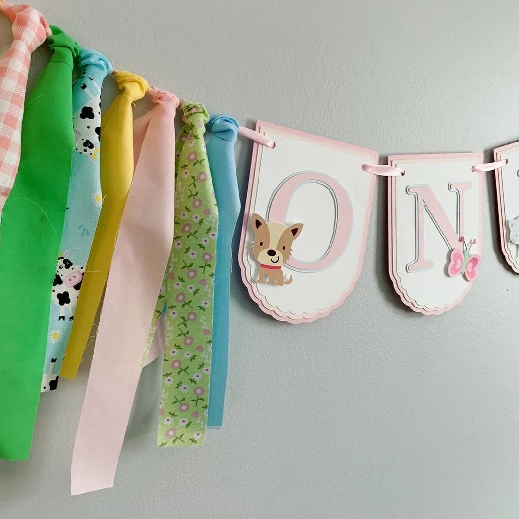 pink barnyard high chair banner