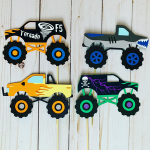 Monster Jam inspired monster truck cutouts handcrafted by Declan & Smith Party Decor. The trucks are cut from cardstock and assembled by hand. The truck cutouts are avaiable with or without the skewer and can be used in a variety of ways for your monster jam monster truck party. 