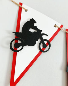 Personalized dirt bike banner avaialble in multiple colors and featuring two dit bike figure cutouts with block text font