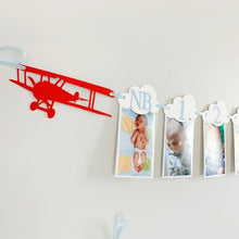 Load image into Gallery viewer, Airplane time flies birthday decorations. Vintage biplane first birthday monthly milestones photo banner featuring white clouds, number NB - 12. 
